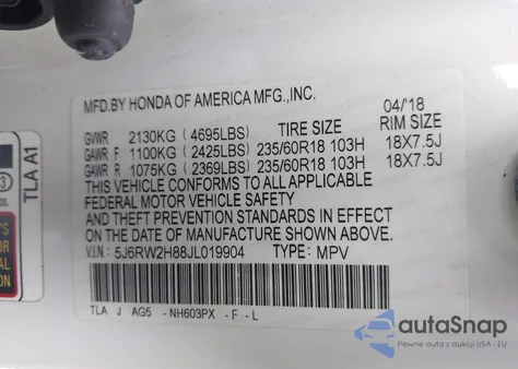 2018 Honda Cr-V Ex-L/Ex-L Navi z USA, uszkodzony, nr VIN 5J6RW2H88JL019904